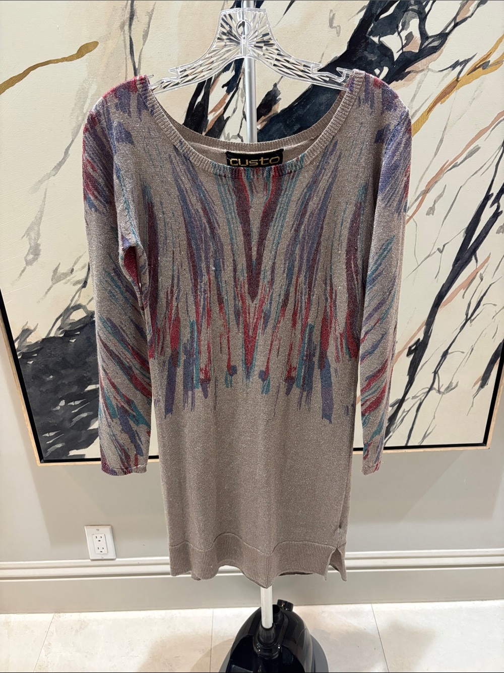 Custo Barcelona Taupe Knit Tunic with Red, Blue & Purple Brushstroke Accents